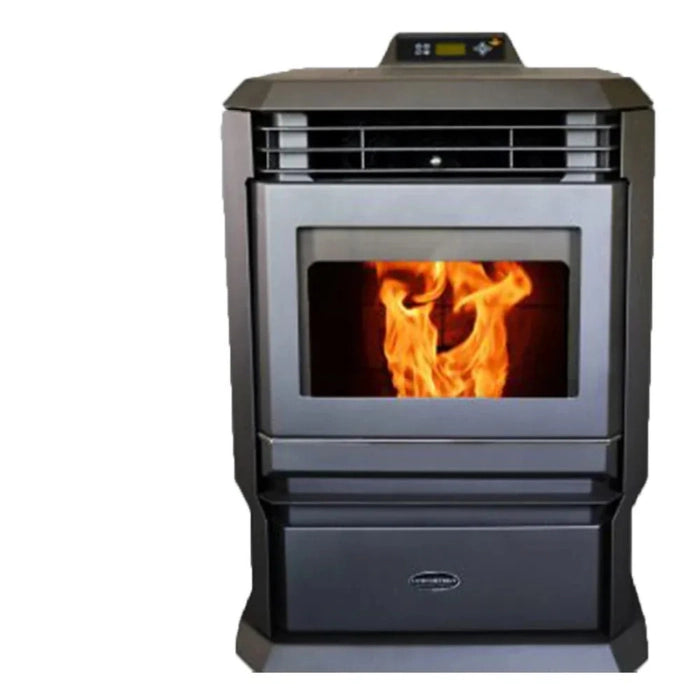 Black pellet stove with visible flames on a white background