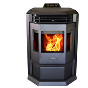 Wood-burning stove with visible flames on a white background
