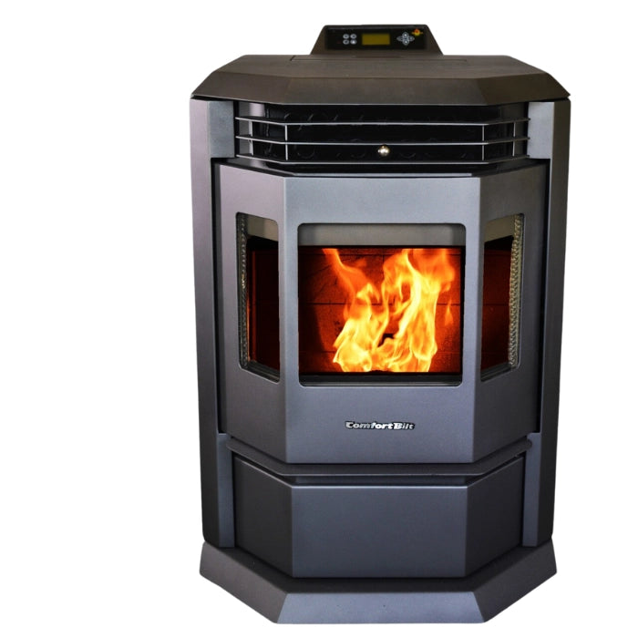 Wood-burning stove with visible flames on a white background