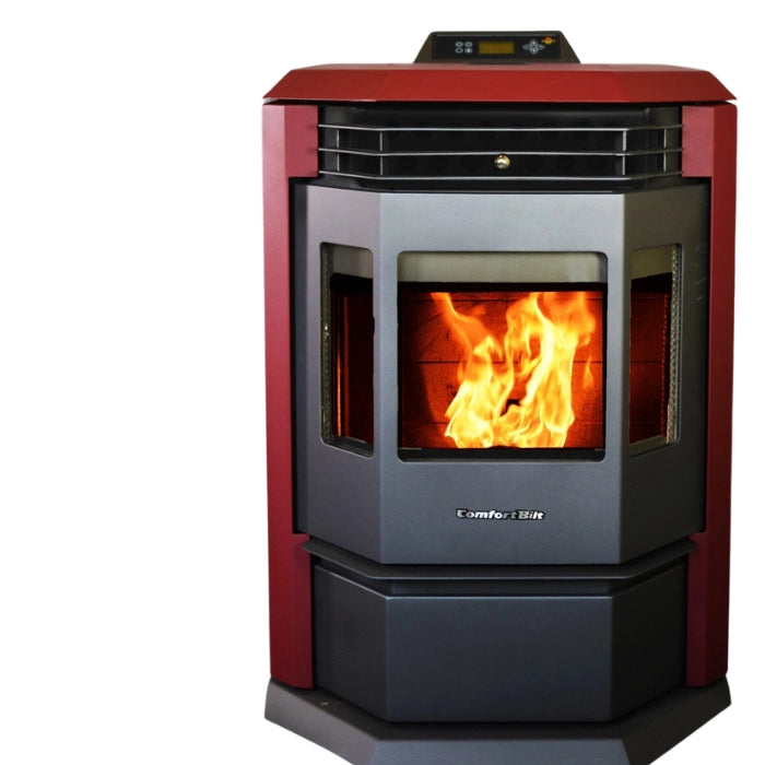 Red and gray pellet stove with visible flames on a white background