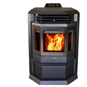 Pellet stove with visible flames on a white background