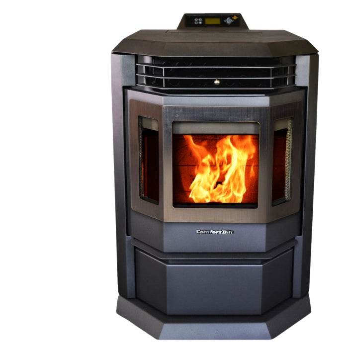 Pellet stove with visible flames on a white background