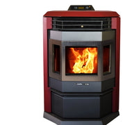 Red and black pellet stove with visible flames on a white background