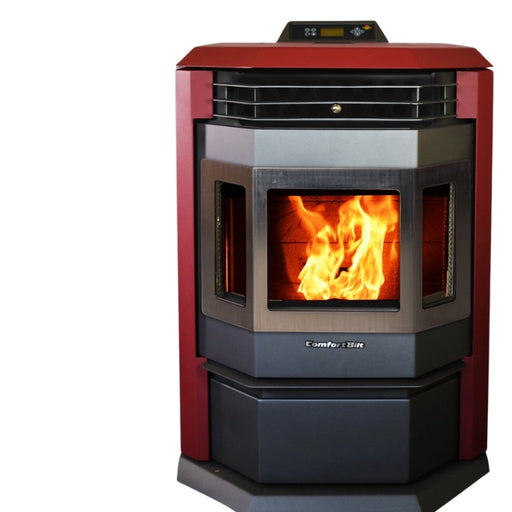 Red and black pellet stove with visible flames on a white background
