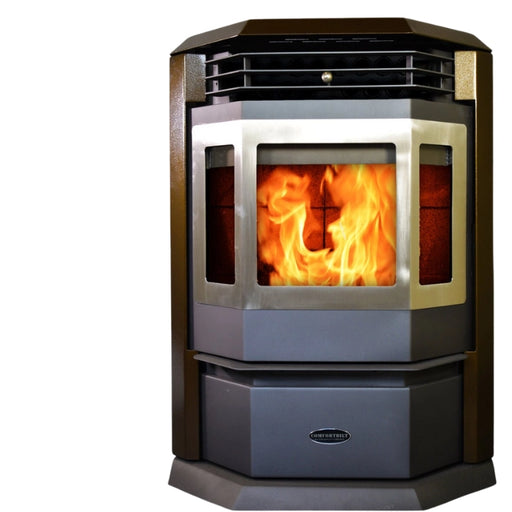 Corner-mounted electric stove with visible flames on a white background