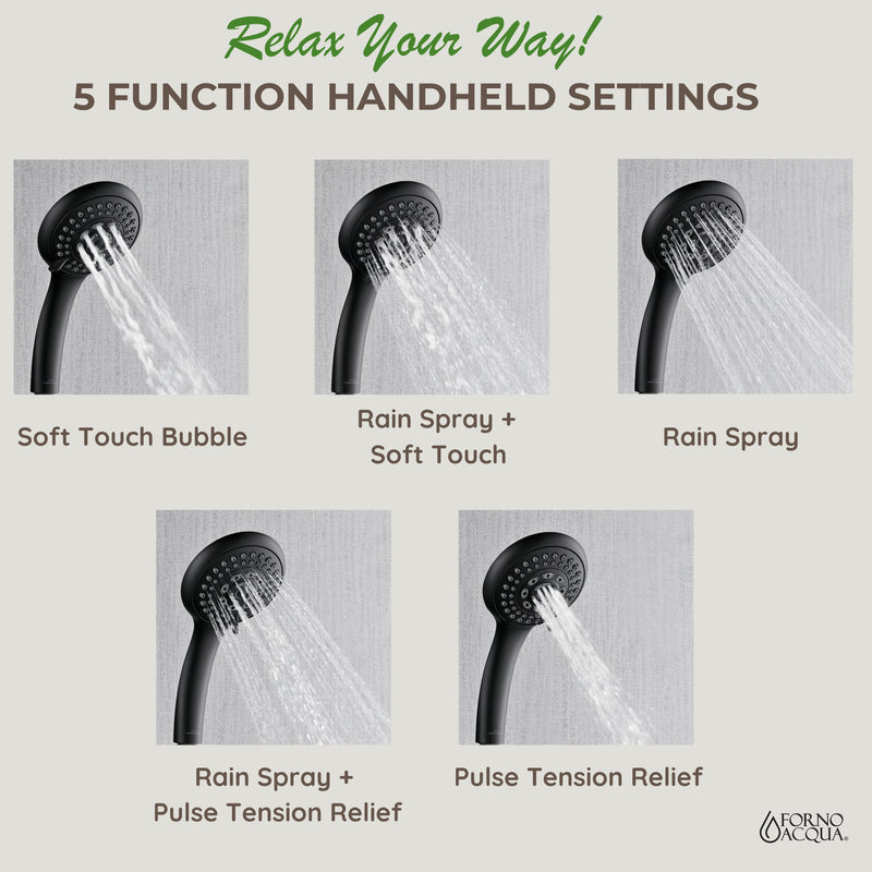 Forno Acqua 8" Retrofit Shower System in Matte Black, 6-Function Rain Shower Head, 3 Body Jets, 5-Function Handheld, SC32BK-C8
