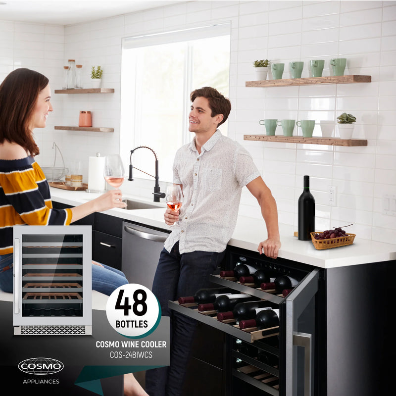 Cosmo 24" Single Zone Compressor Wine Cooler in Stainless Steel, 48-Bottle Capacity, Digital Touchpad Control, COS-24BIWCS