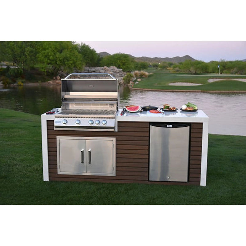 Kokomo Grills Classic Shiplap Outdoor Kitchen with 7'6" shiplap composite siding, porcelain tile countertop, stainless 4-burner grill, and refrigerator.