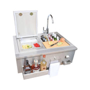 Kokomo Grills 30" Built-In Bartender Cocktail Station with stainless steel, sink, ice chest, bamboo board, faucet, towel bar, and bottle opener.