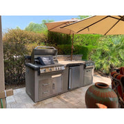 Kokomo Grills 5 Burner Griddle Combo Drawer Fridge Outdoor Kitchen with stainless steel grill, under-counter fridge, and storage drawers.