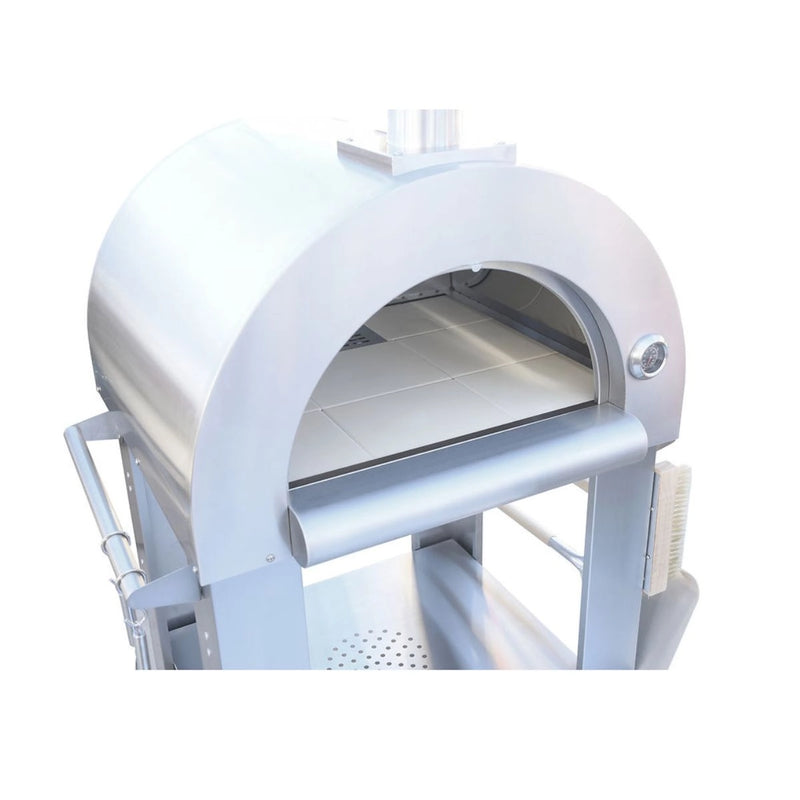 Kokomo Grills 32” Wood Fired Stainless Steel Pizza Oven with 304 stainless steel, built-in thermometer, ash tray, and oven cart.