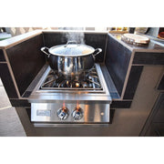 Kokomo Grills Outdoor Kitchen Montego Model BBQ Island with stainless steel built-in grill, dual control knobs, and durable black panels.