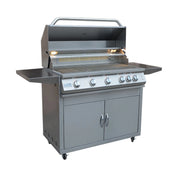 Kokomo Grills Professional 5 Burner 40 Inch Cart BBQ Grill in stainless steel with illuminated knobs, interior lights, and locking caster wheels.