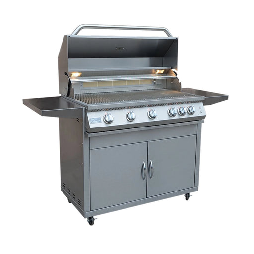Kokomo Grills Professional 5 Burner 40 Inch Cart BBQ Grill in stainless steel with illuminated knobs, interior lights, and locking caster wheels.