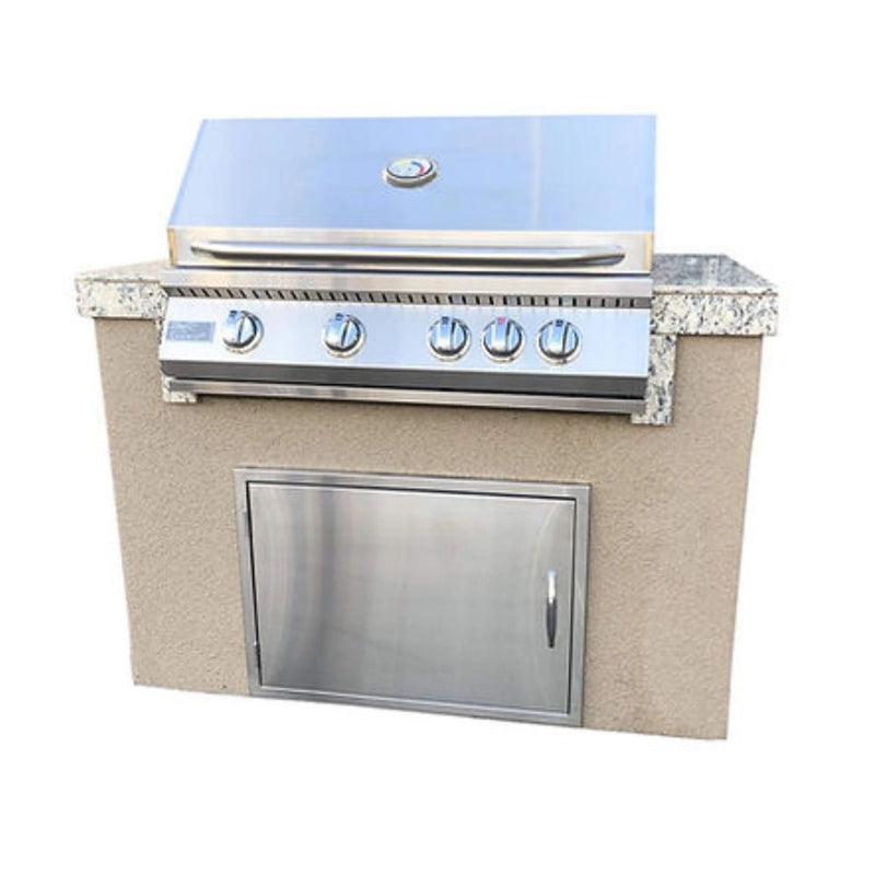 Kokomo Grills Fiji 4' BBQ Island with 4 Burner 32" stainless steel built-in grill, tile countertop, and Spectrum Brown stucco finish