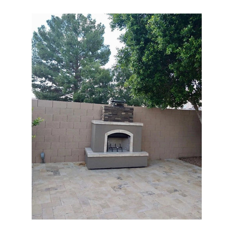 Kokomo Grills Tuscan 6' Outdoor Fireplace in gray with stone chimney, stainless steel access door, and gas log set for LP or NG tank.