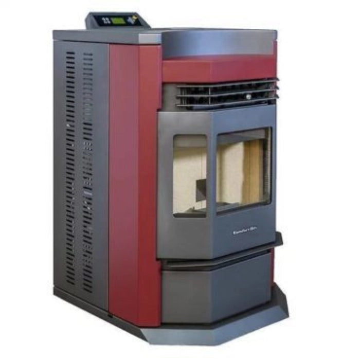 Red and gray pellet stove on a white background