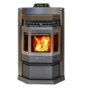 Wood-burning stove with visible flames on a white background