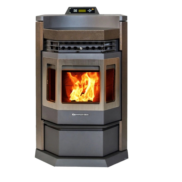 Wood-burning stove with visible flames on a white background