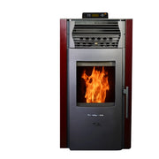 Wood-burning stove with visible flames on a white background
