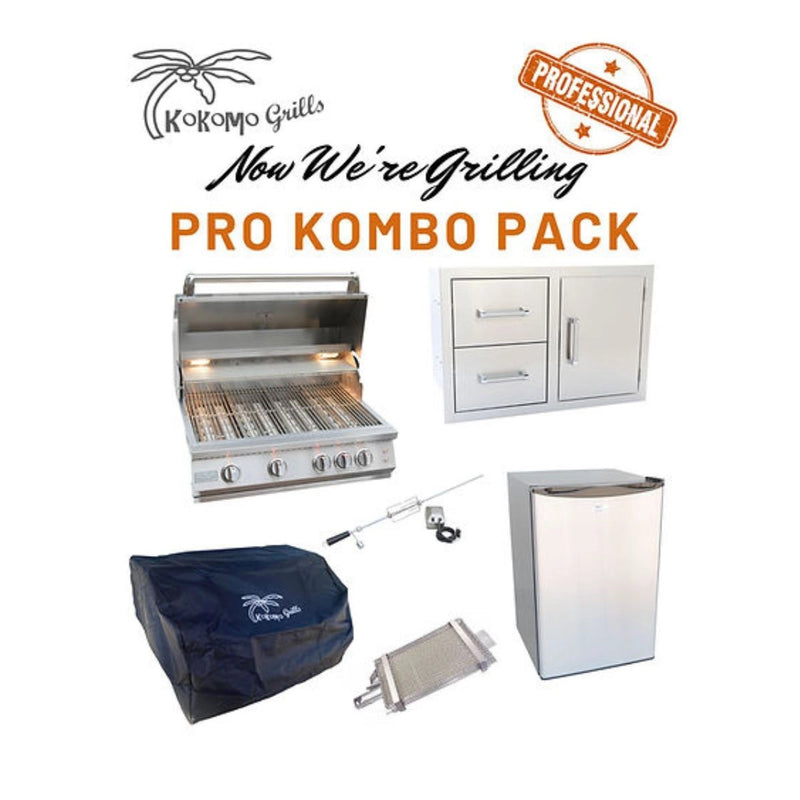 Kokomo Grills Professional Now We're Grilling Kombo Pack with 4-burner stainless steel grill, rotisserie, fridge, and cover.