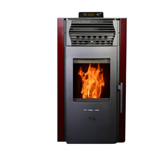 Wood-burning stove with visible flames on a white background