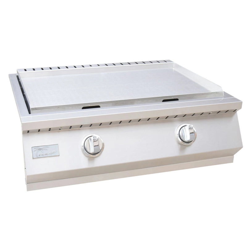 Kokomo Grills Griddle 30 Inch Outdoor Kitchen with stainless steel, dual knobs, 304-grade rust-resistant construction, and large cooking surface.