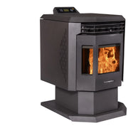 Black pellet stove with visible flames on a white background