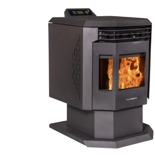 Black pellet stove with visible flames on a white background