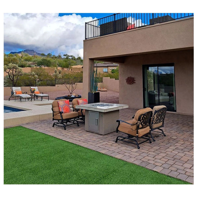 Kokomo Grills Jamaica Fire Table with fire-glass, 3’5″ square, stucco Spectrum Brown finish, 35,000 BTU burner, valve control.