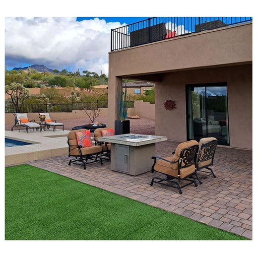 Kokomo Grills Jamaica Fire Table with fire-glass, 3’5″ square, stucco Spectrum Brown finish, 35,000 BTU burner, valve control.