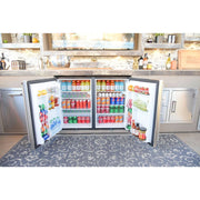 Kokomo Grills Double Door Outdoor Refrigerators DBLFRDGE with stainless steel exterior and dual fridge doors open showing stocked beverages.