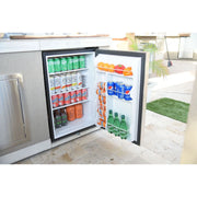 Kokomo Grills Pro Built-In Outdoor Kitchen Refrigerator with Temp Control Soda Rack and stainless steel door showing stocked beverages.