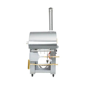 Kokomo Grills 32 Inch Dual Fuel Pizza Oven in stainless steel with chimney, oven cart, wood and gas fuel options, and accessory kit.