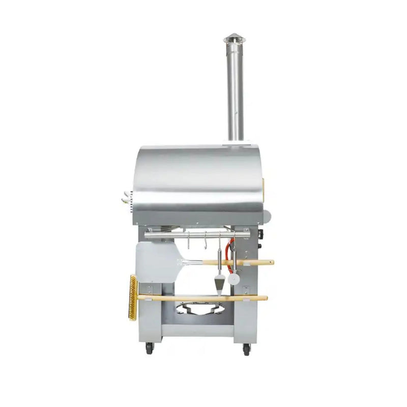 Kokomo Grills 32 Inch Dual Fuel Pizza Oven in stainless steel with chimney, oven cart, wood and gas fuel options, and accessory kit.