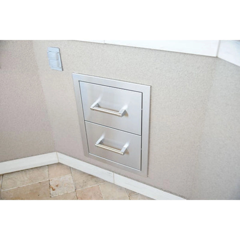 Kokomo Grills Outdoor Kitchen Stainless Steel Double Drawer KO-DD12 with two 20” deep drawers and polished bar handles