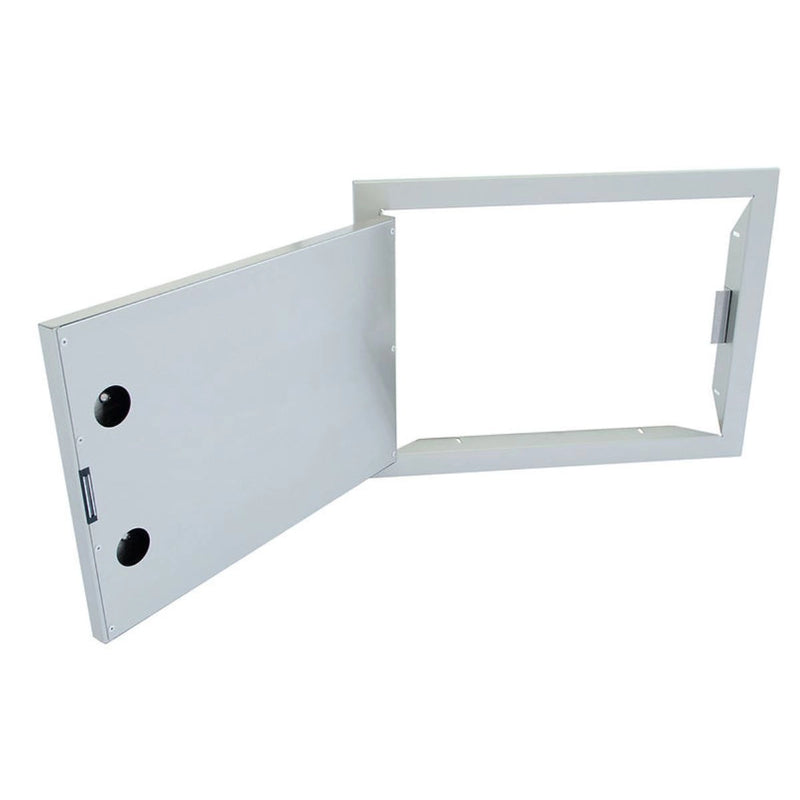 Kokomo Grills 24x17 Reversible Stainless Steel Access Door with polished handles and dual wall 304 stainless steel construction.