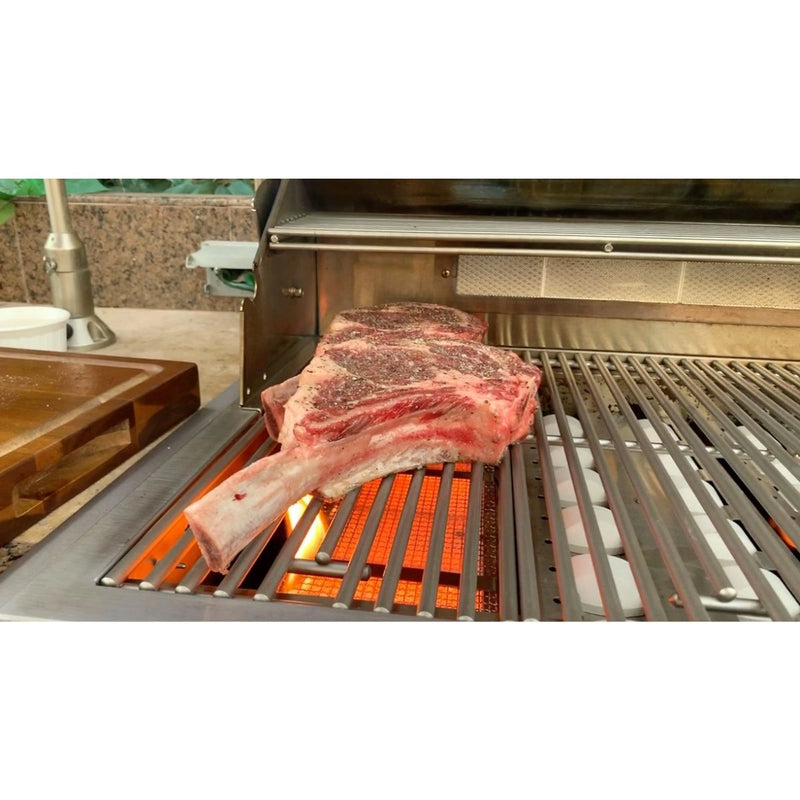 Kokomo Grills BBQ Grill Infrared Sear Zone Burner KO-IRSB with stainless steel grids searing a thick steak at high heat