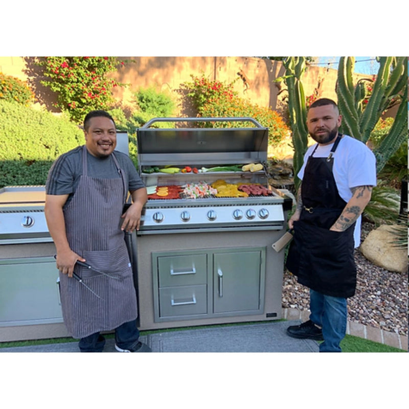 Kokomo Grills Teppanyaki Griddle Built-In BBQ Grill with Side Burner and storage drawers in stainless steel countertop outdoor kitchen.