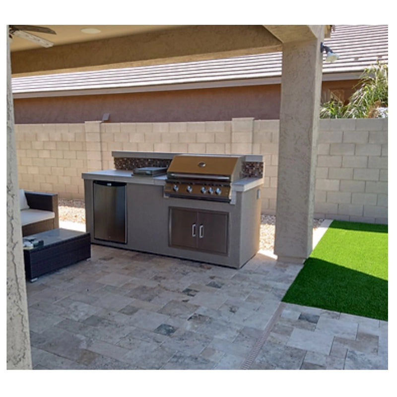 Kokomo Grills Bali 7'6" Island with Backsplash featuring 4-burner BBQ grill, side burner, outdoor fridge, and tile countertop in Spectrum Brown.