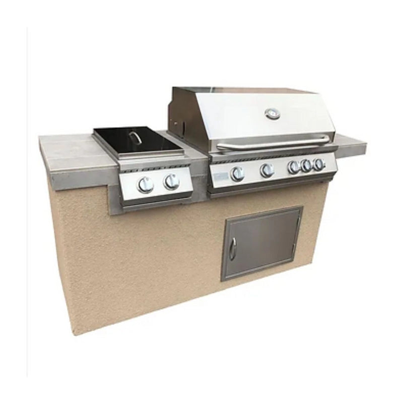 Kokomo Grills Antigua 6' BBQ Island with 4 burner 32" grill, double side burner, stainless steel door, stucco finish, and tile countertop.