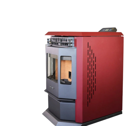 Red and gray stove with glass door on a white background