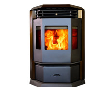 Wood-burning stove with visible flames on a white background