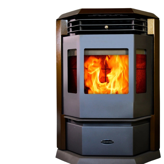 Wood-burning stove with visible flames on a white background
