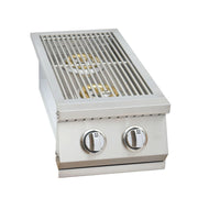 Kokomo Grills Built In Double Side Burner with dual brass burners, stainless steel body, curved handle, and push-turn knobs.