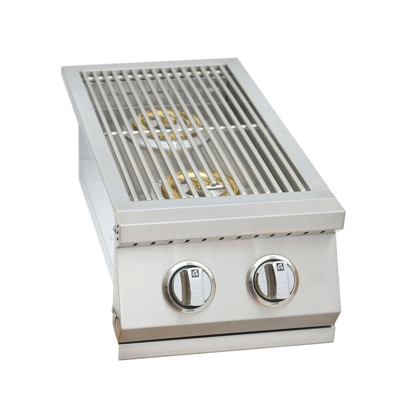 Kokomo Grills Built In Double Side Burner with dual brass burners, stainless steel body, curved handle, and push-turn knobs.