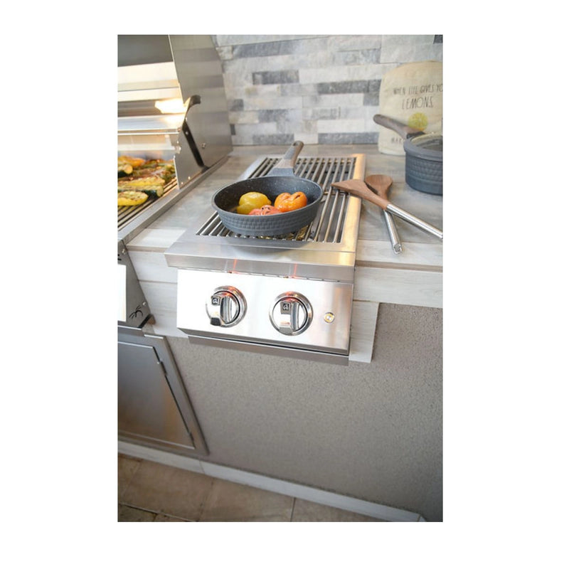 Kokomo Grills Professional Double Side Burner with dual 12,000 BTU cast brass burners, stainless steel, illuminated knobs, and removable cover.
