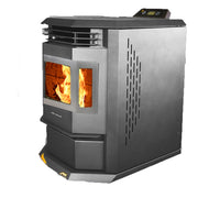 Modern wood pellet stove with visible flames on a white background