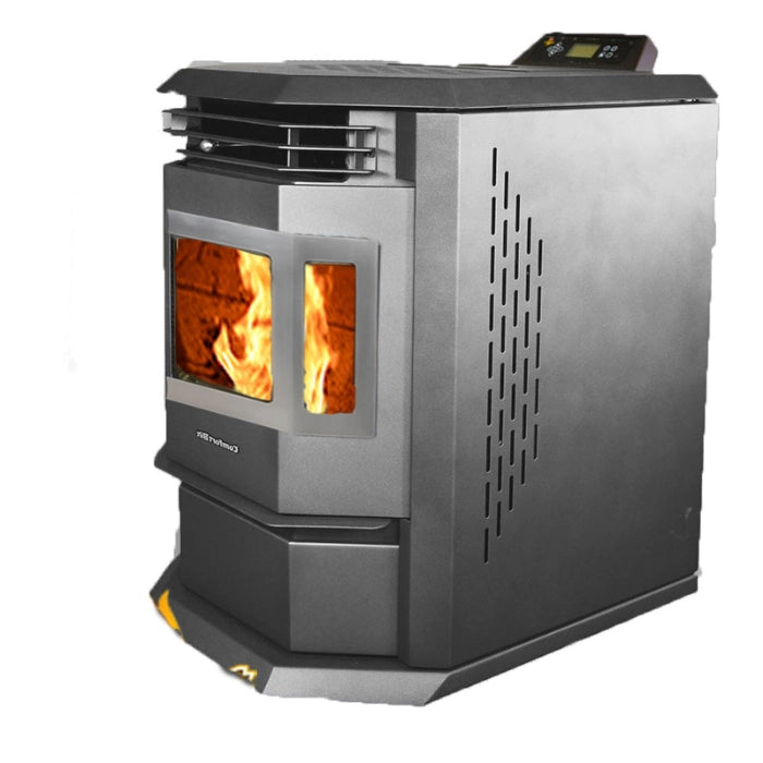 Modern wood pellet stove with visible flames on a white background