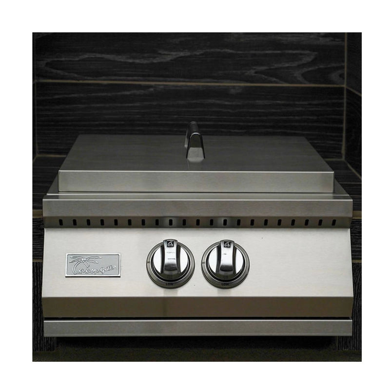Kokomo Grills Built-in Power Burner with removable wok grate, stainless steel cover, SureLight knobs, and full-width drip tray.
